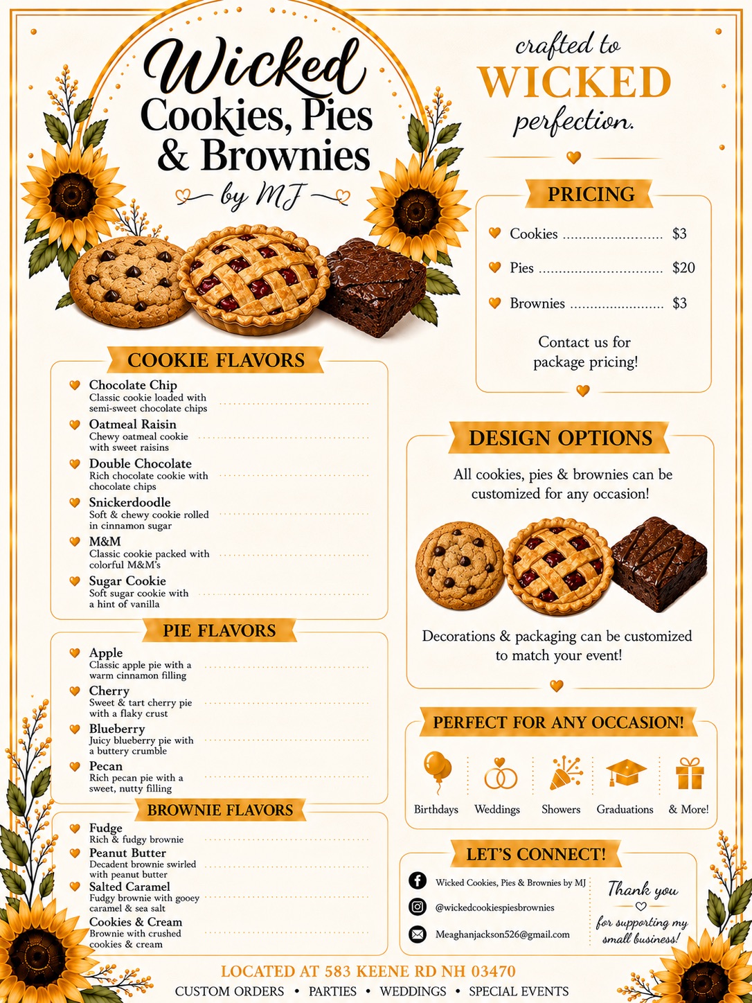 Cookies pies and brownies menu