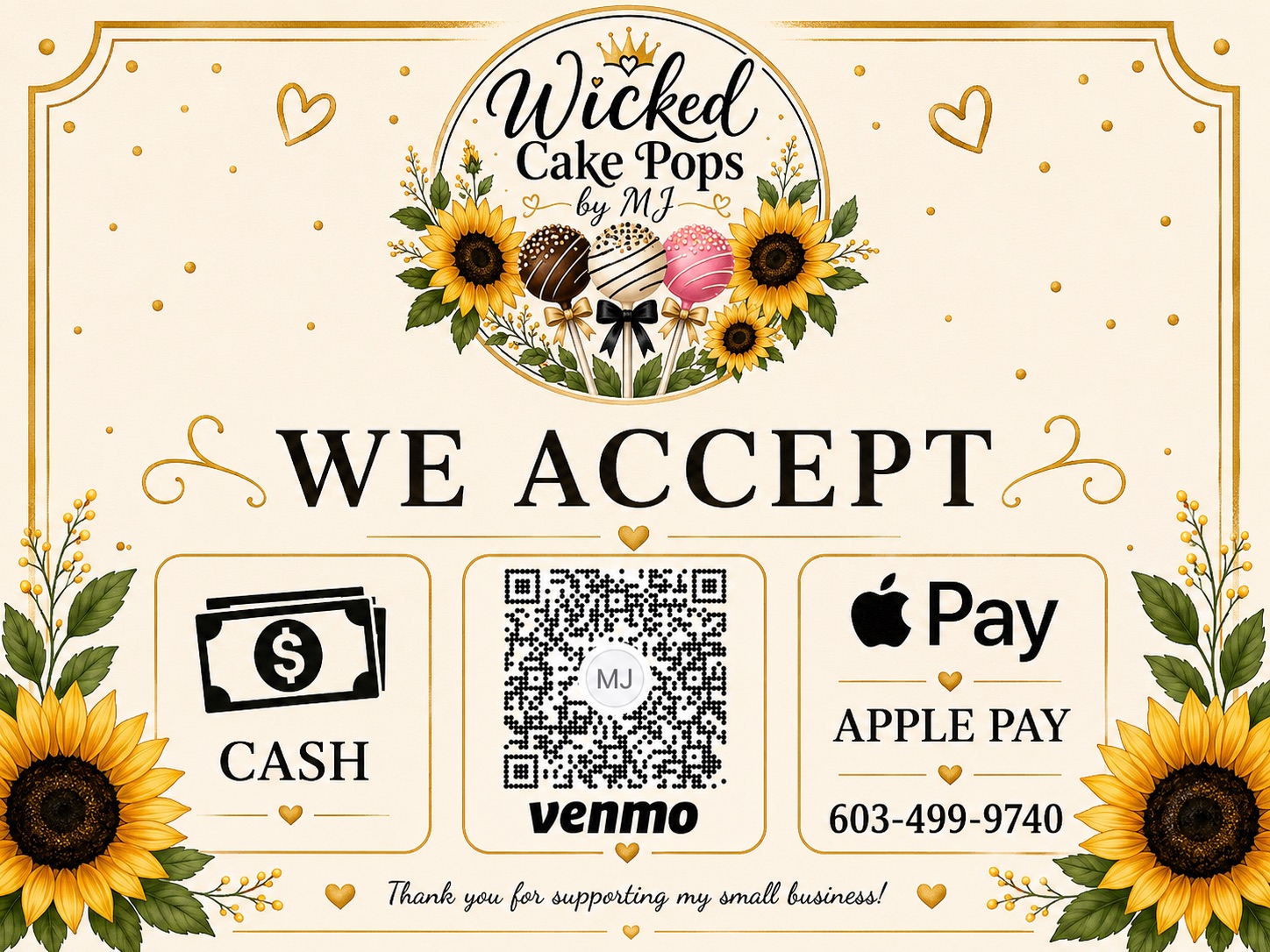 Cash, Venmo, and Apple Pay payment sign